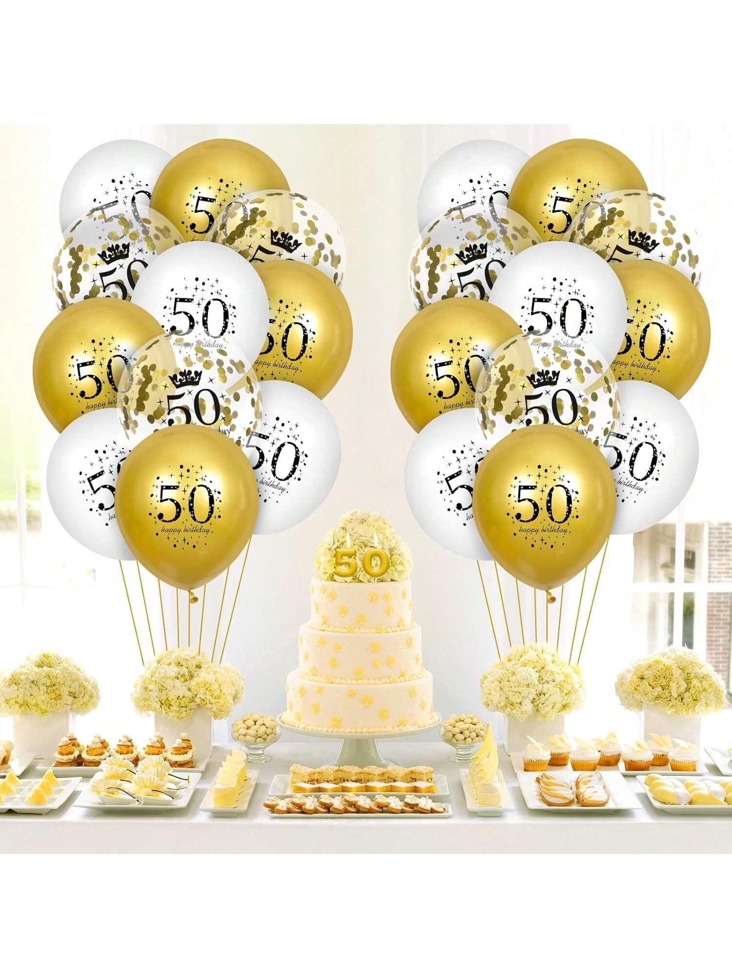 50th Birthday Balloon Set 15-Piece White Gold Confetti 12-Inch for Party Decor