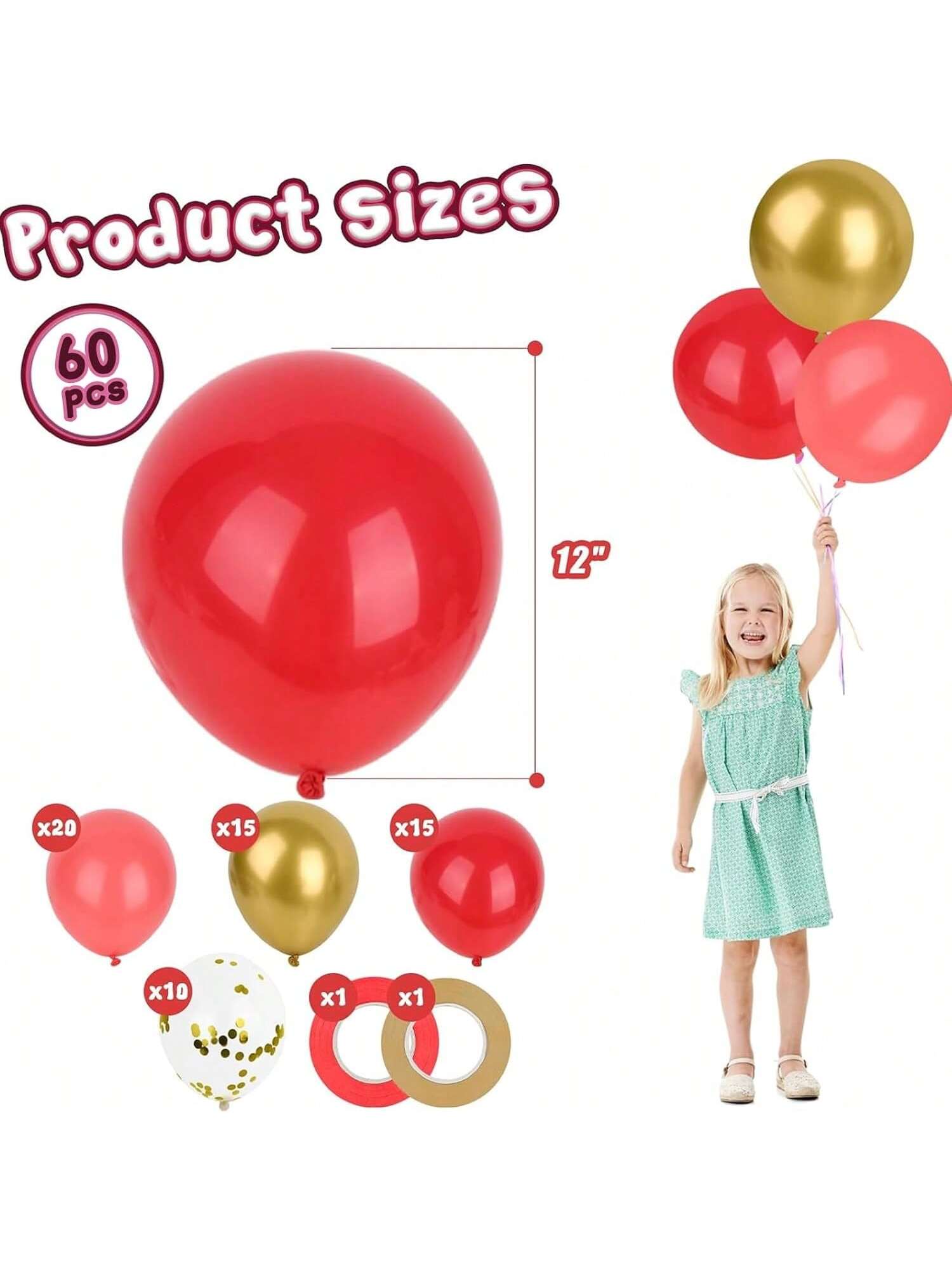 60 Red Balloons 12 Inch with Gold Confetti for Birthday Wedding Party Decor