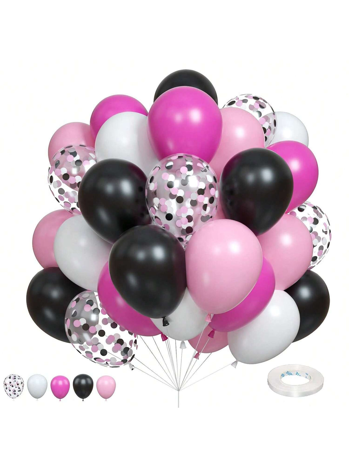 60-Pc Black Pink White Latex and Confetti Balloons for Birthday and Bridal Parties