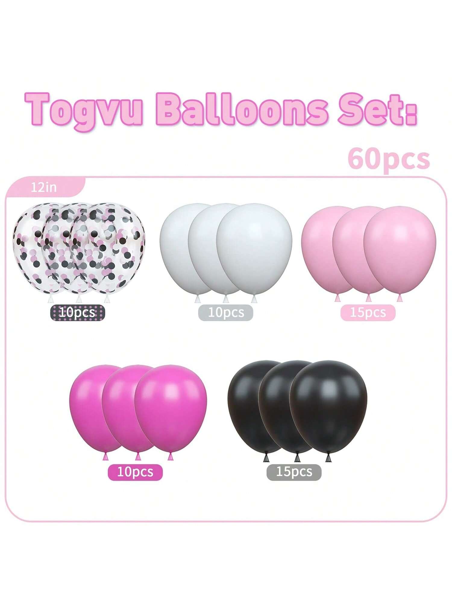 60-Pc Black Pink White Latex and Confetti Balloons for Birthday and Bridal Parties