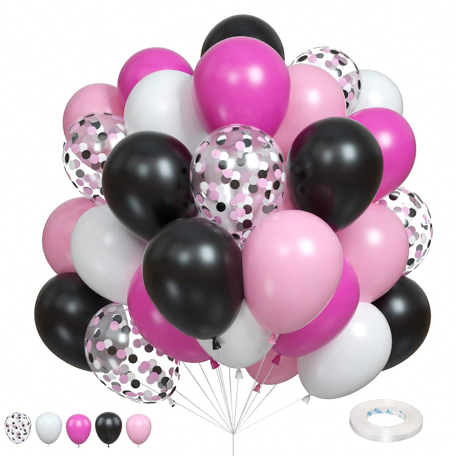 60-Pc Black Pink White Latex and Confetti Balloons for Birthday and Bridal Parties