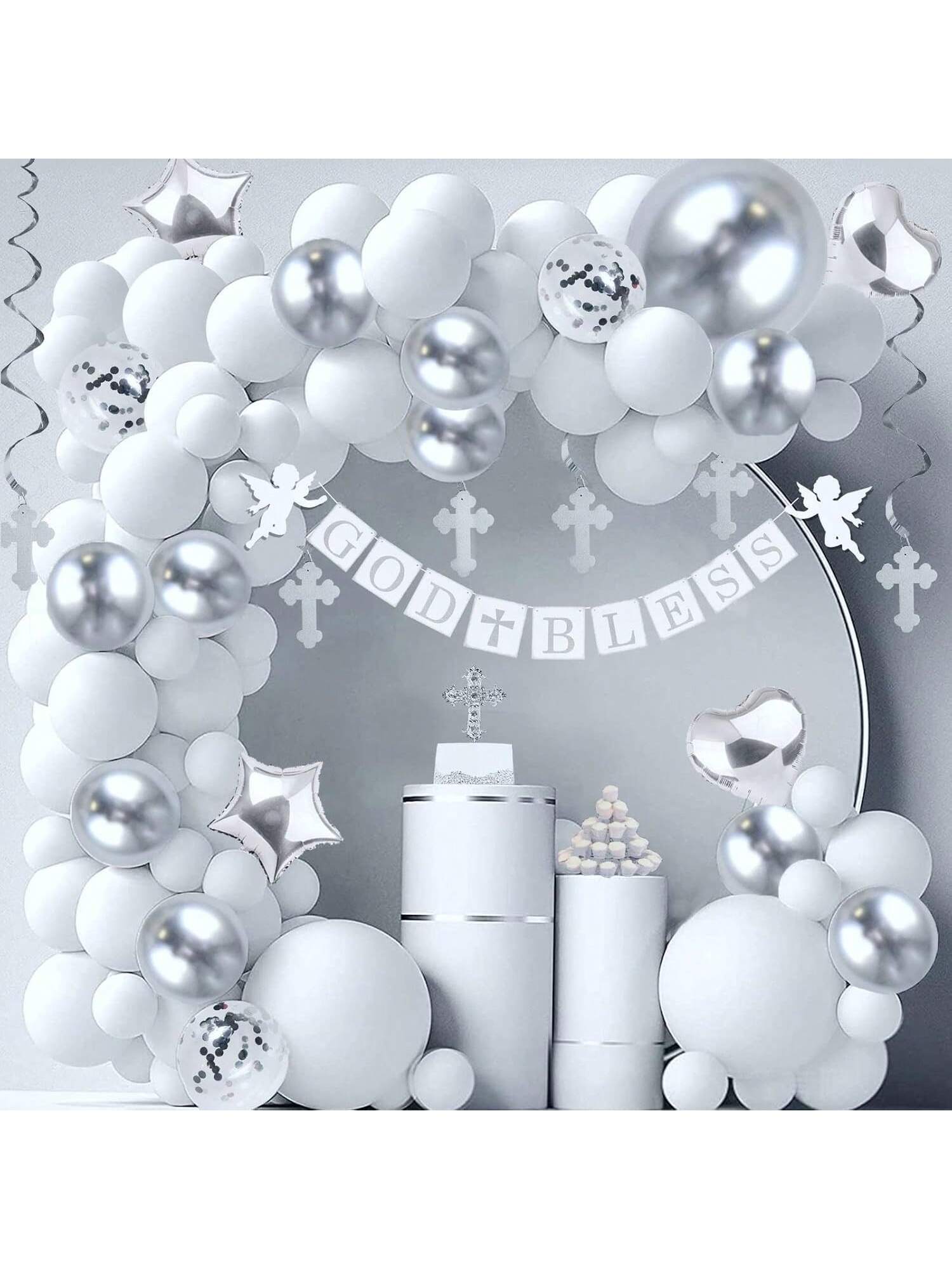 Baptism & Communion Decor Set with Banner Cross Cake Topper and Balloons