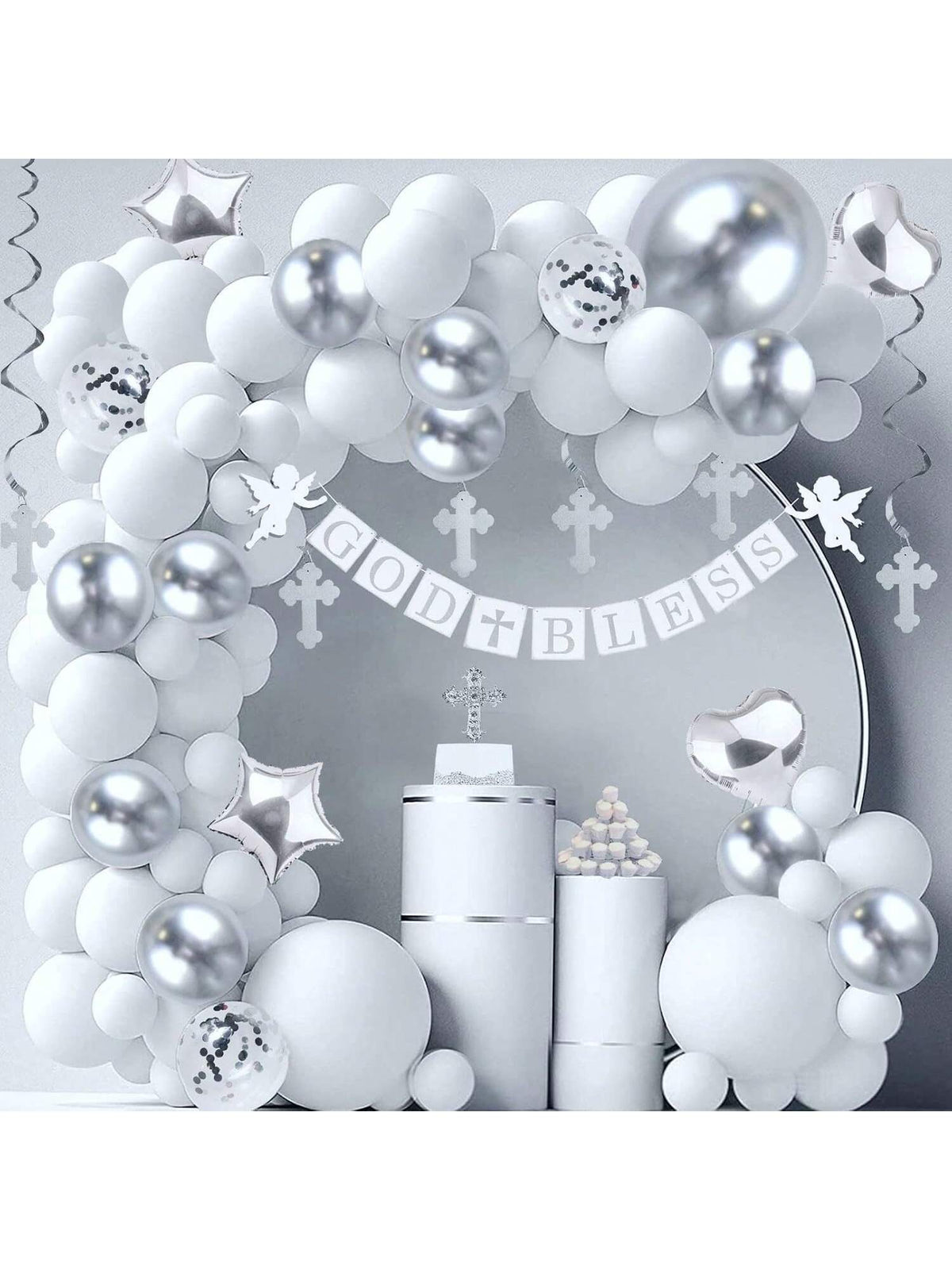 Baptism & Communion Decor Set with Banner Cross Cake Topper and Balloons