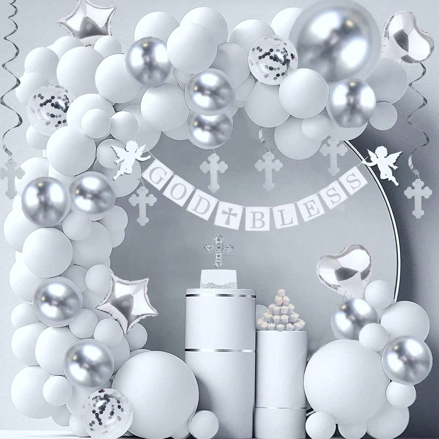 Baptism & Communion Decor Set with Banner Cross Cake Topper and Balloons