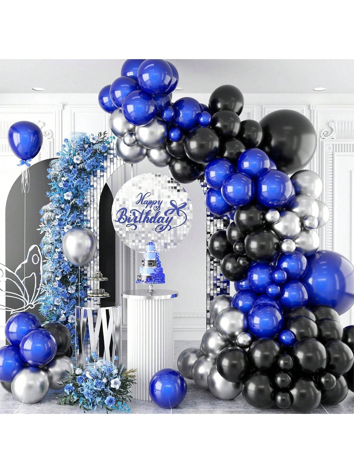 105-Pc Blue and Black Balloon Arch Kit with Silver Metallic Balloons for Parties