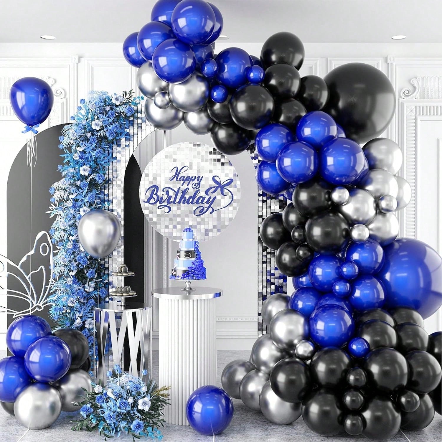 105-Pc Blue and Black Balloon Arch Kit with Silver Metallic Balloons for Parties