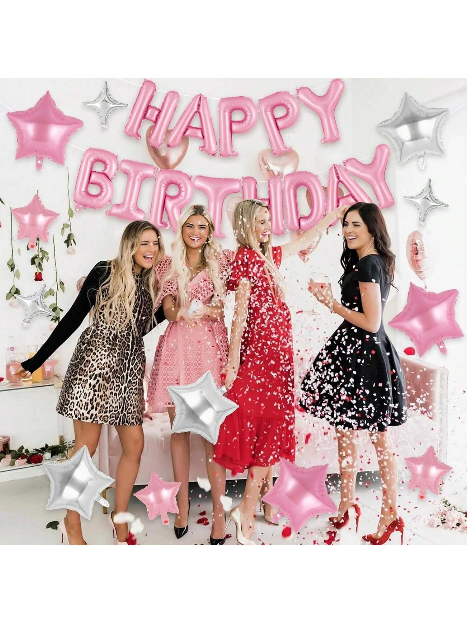 Pink Happy Birthday Banner 16 Inch with 12 Pc Star Foil Balloons for Party