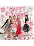 Pink Happy Birthday Banner 16 Inch with 12 Pc Star Foil Balloons for Party