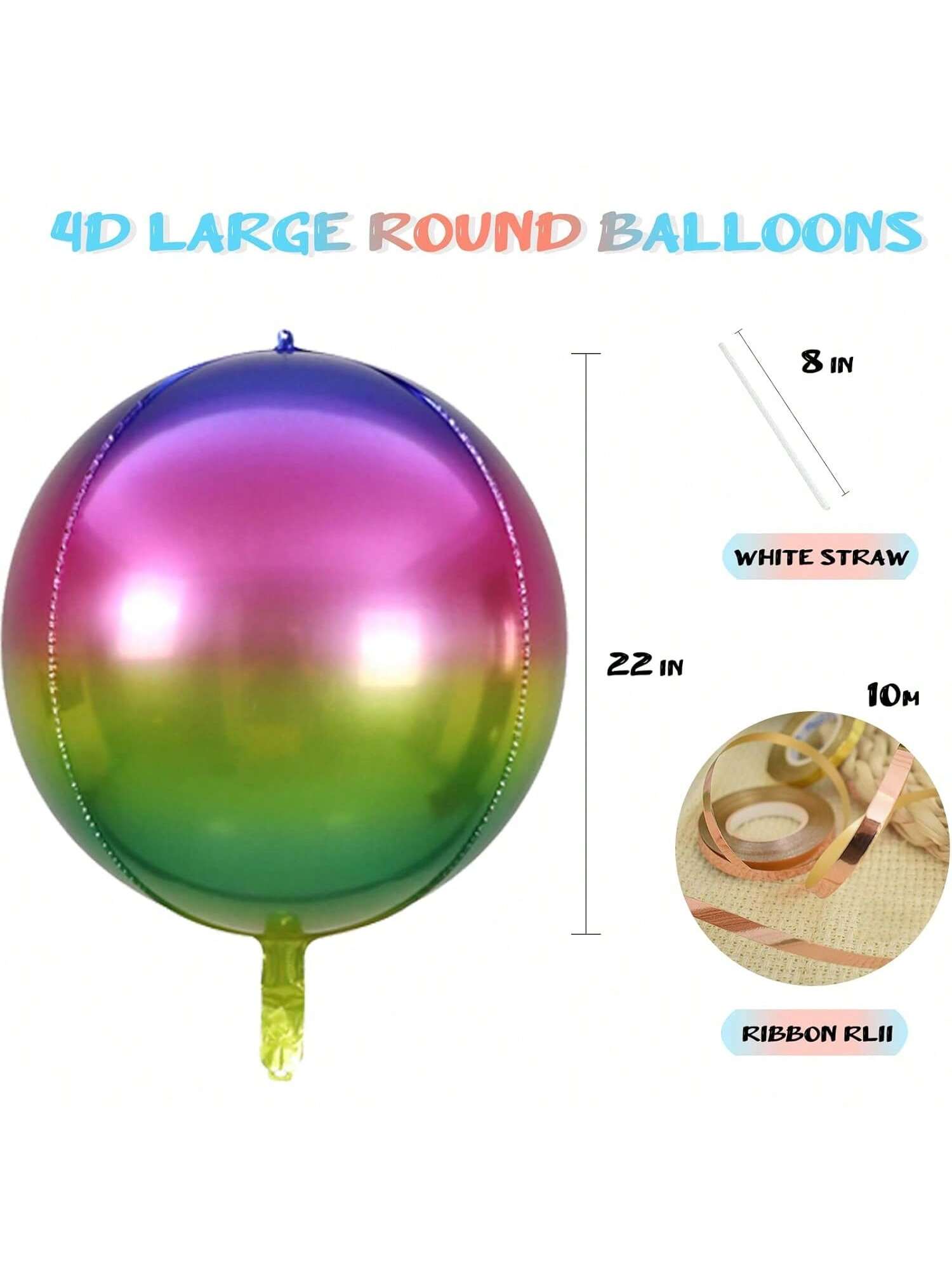 10-Pc 22-Inch Rainbow 4D Mylar Foil Balloons for Birthday and Wedding Parties
