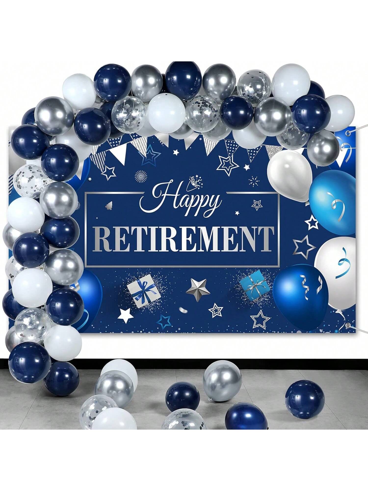 Retirement Party Decorations Navy Blue and Silver Balloon Set with Backdrop Banner