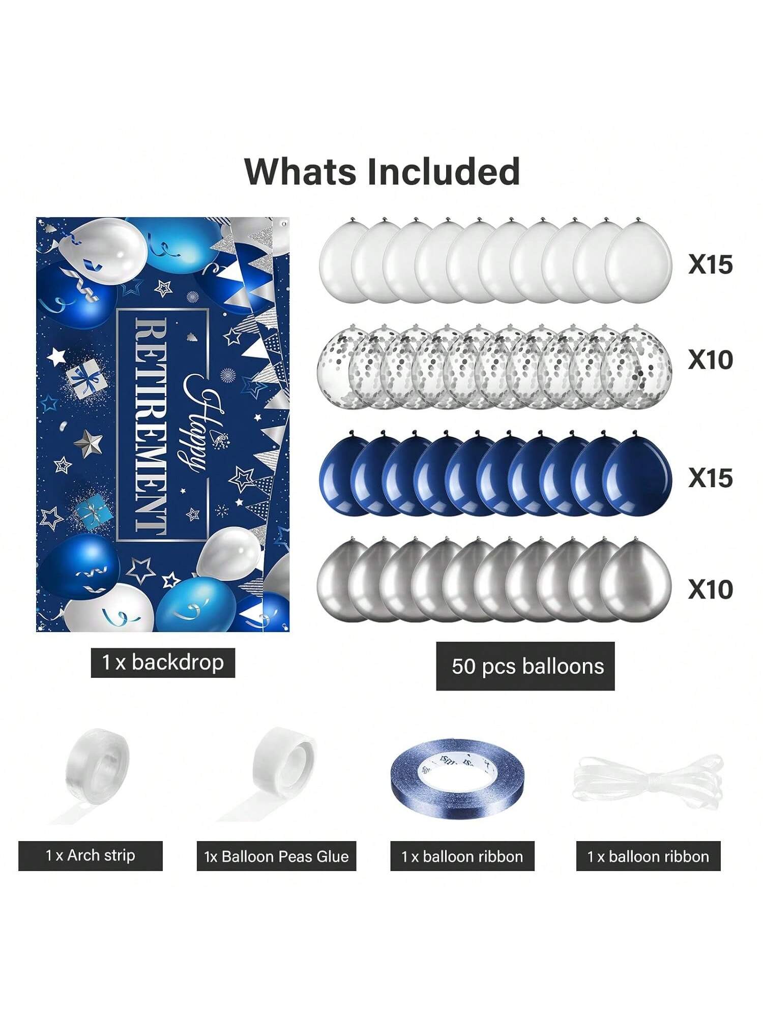Retirement Party Decorations Navy Blue and Silver Balloon Set with Backdrop Banner