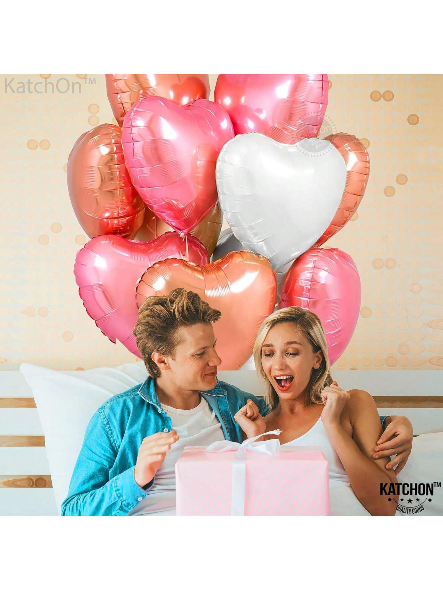 12-Pc 18-Inch Rose Gold White and Pink Heart Balloons for Weddings and Anniversaries