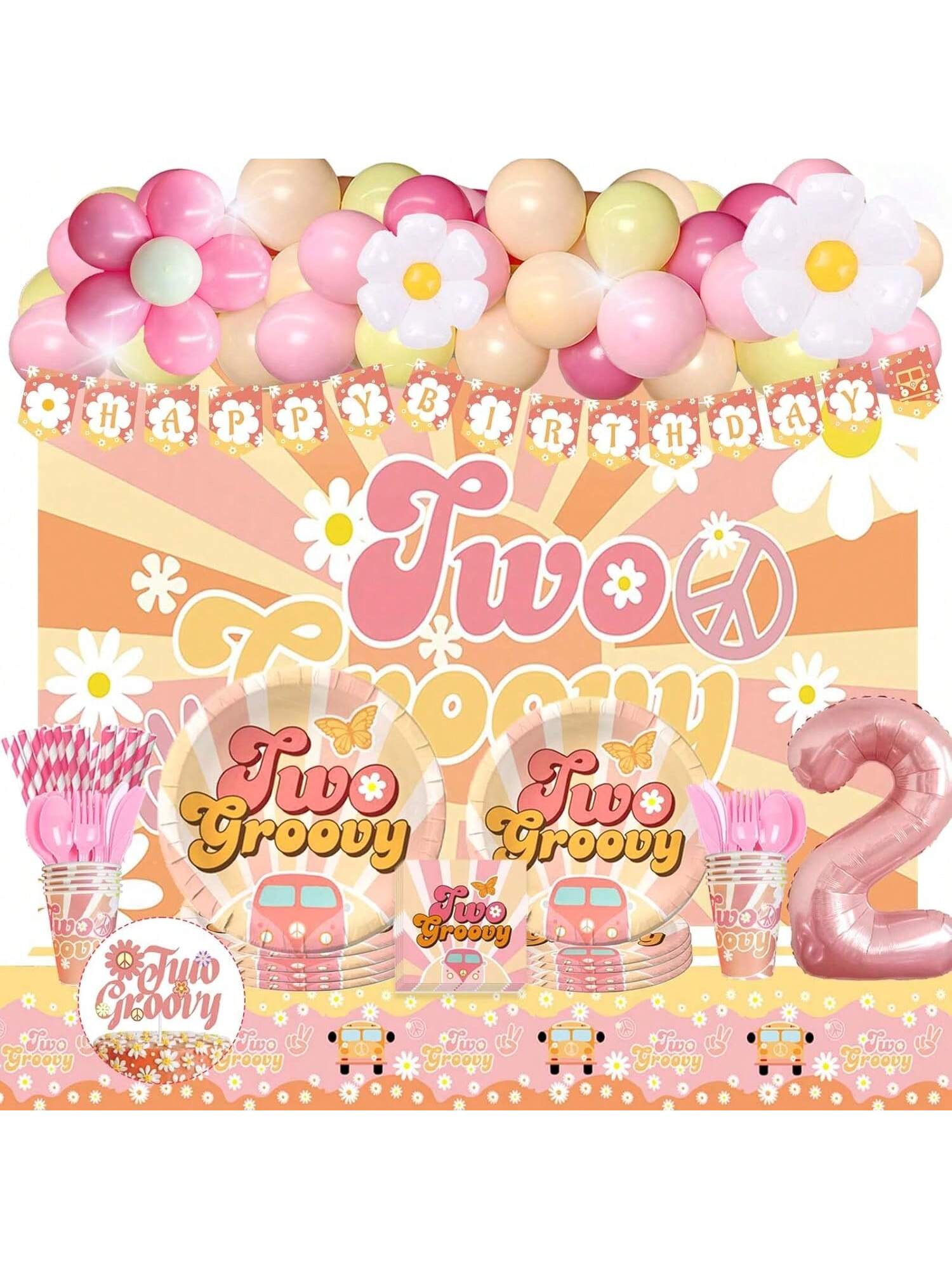 Two Groovy Boho 2nd Birthday Decor with Balloon Backdrop and Tableware
