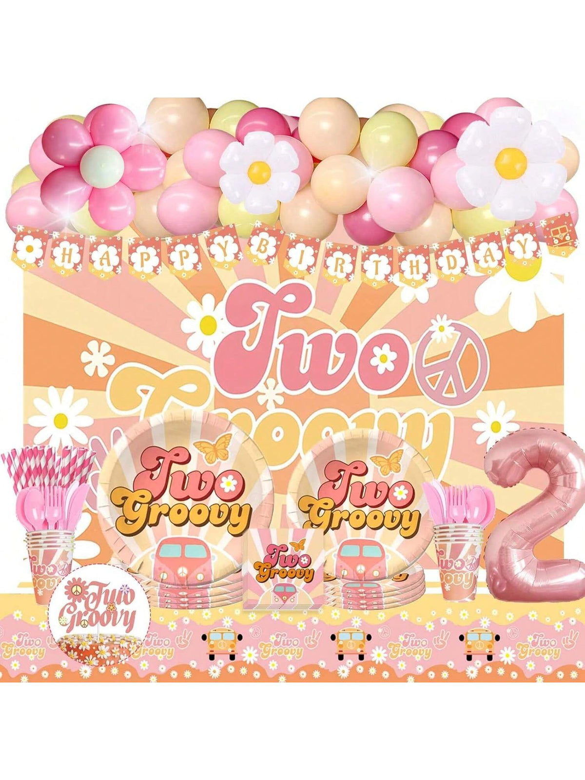 Two Groovy Boho 2nd Birthday Decor with Balloon Backdrop and Tableware