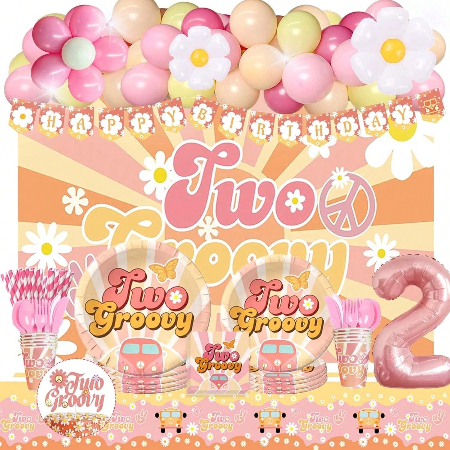 Two Groovy Boho 2nd Birthday Decor with Balloon Backdrop and Tableware