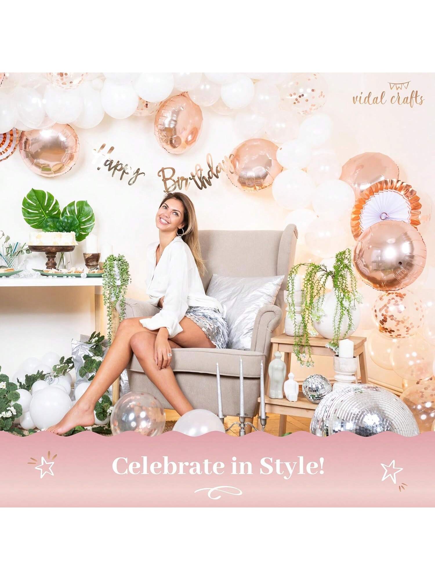 71pcs Rose Gold Birthday Party Decorations Balloons Banner Fringe Curtains