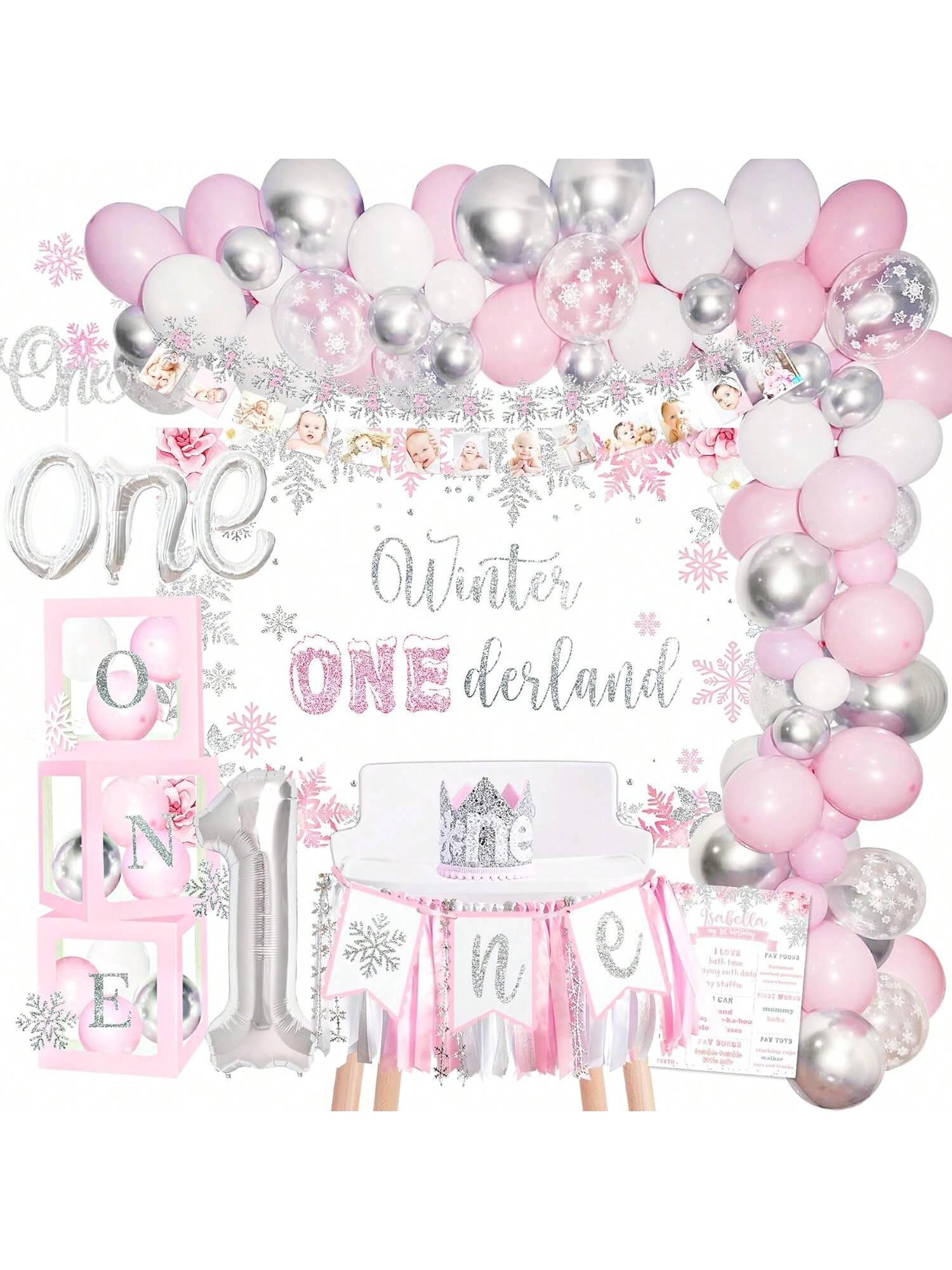Winter Onederland 1st Birthday Decor with Balloon Garland and Banner