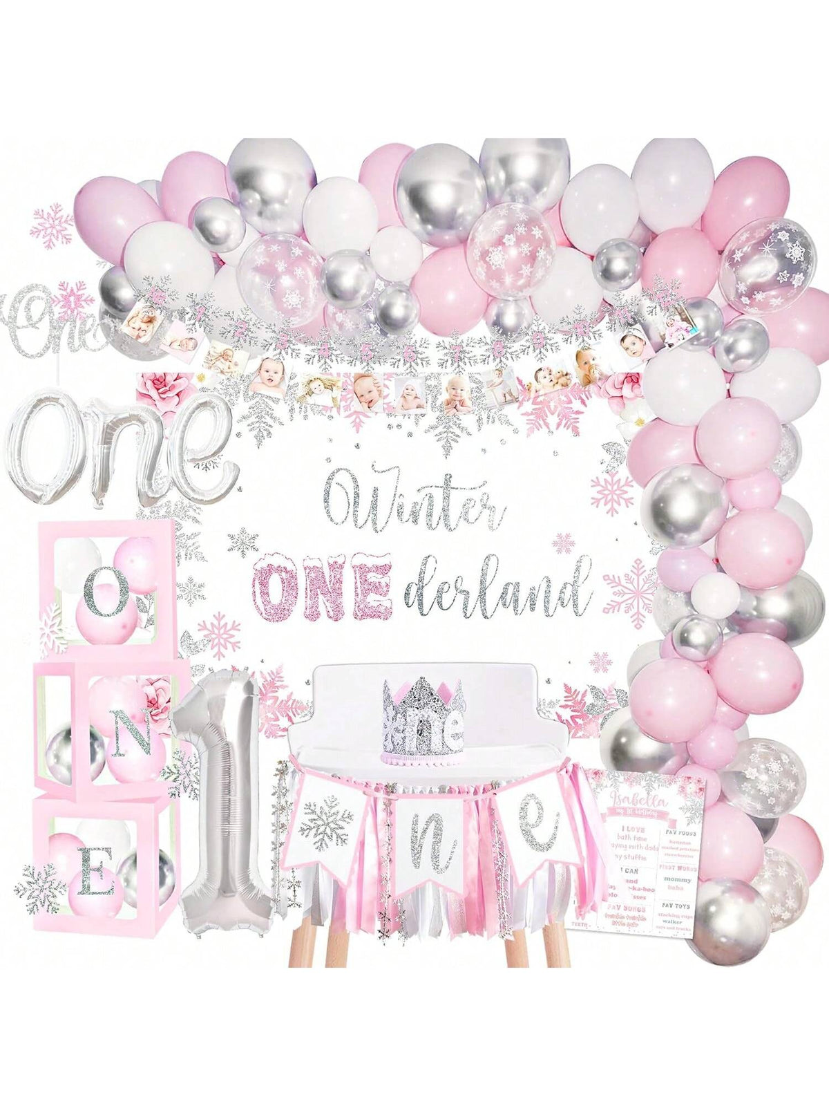 Winter Onederland 1st Birthday Decor with Balloon Garland and Banner