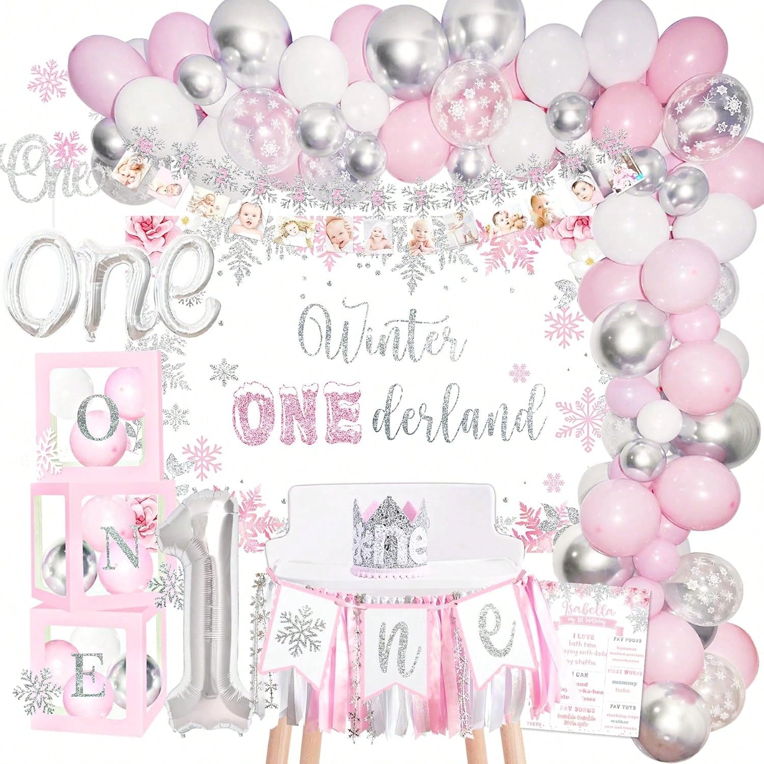 Winter Onederland 1st Birthday Decor with Balloon Garland and Banner