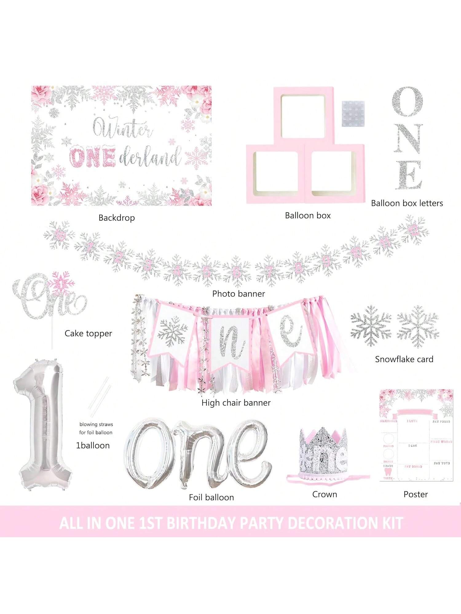 Winter Onederland 1st Birthday Decor with Balloon Garland and Banner