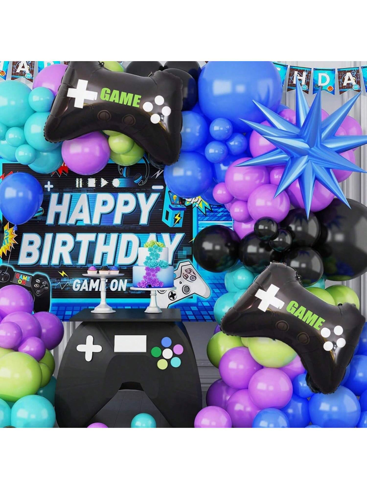 120pcs Video Game Balloon Arch Kit Blue Purple Green Black with Foil Balloons