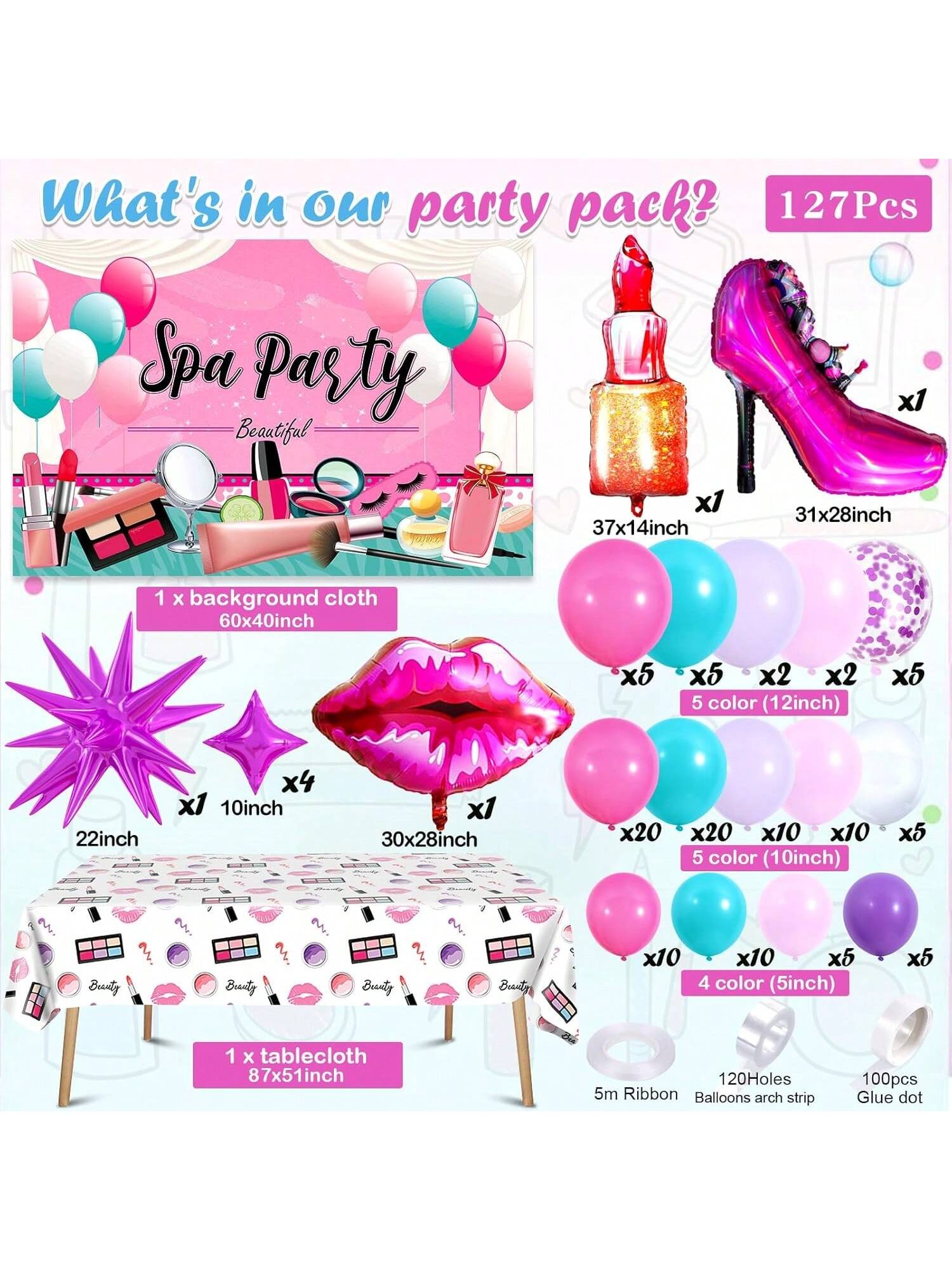127PCS Spa Party Supplies Makeup Birthday Balloons Garland & Foil Decor