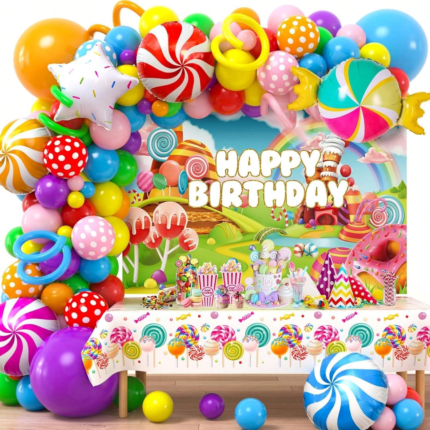 134pcs Candyland Party Decorations Balloon Arch Backdrop Table Decor