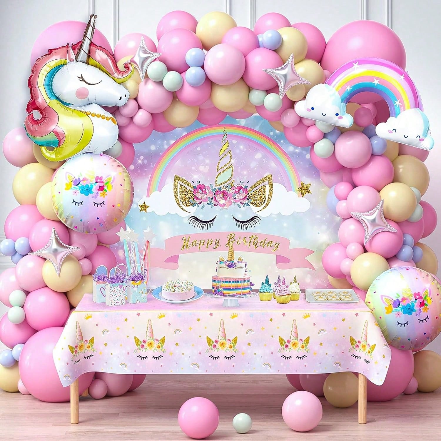 142PCS Pink Unicorn Party Decorations Balloon Arch Backdrop and Tablecloth