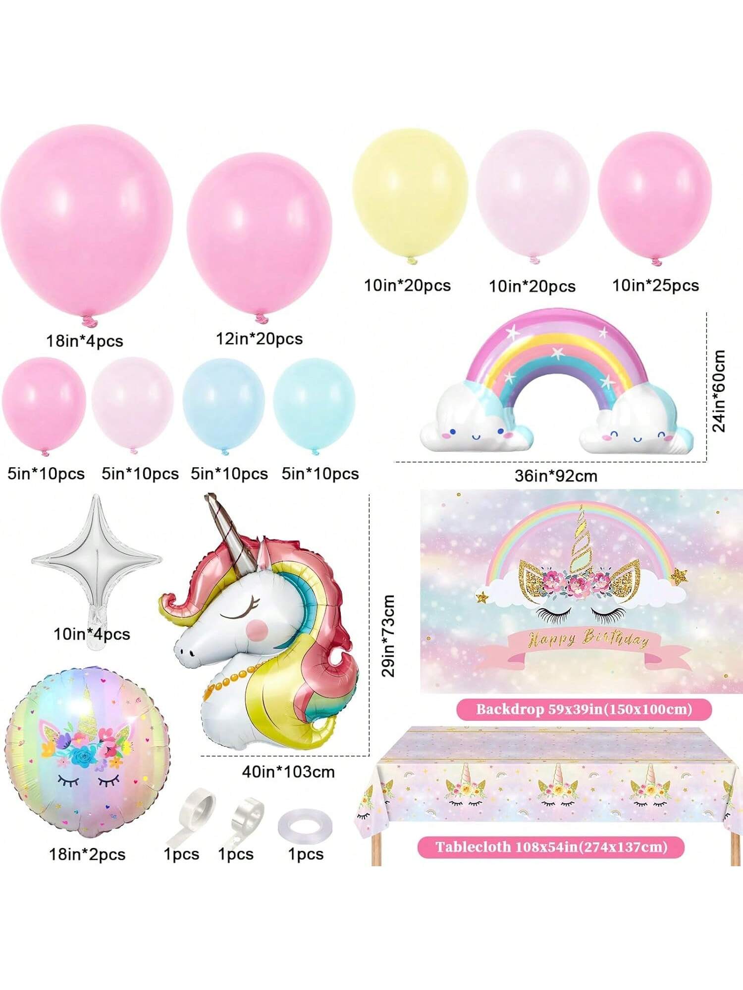 142PCS Pink Unicorn Party Decorations Balloon Arch Backdrop and Tablecloth