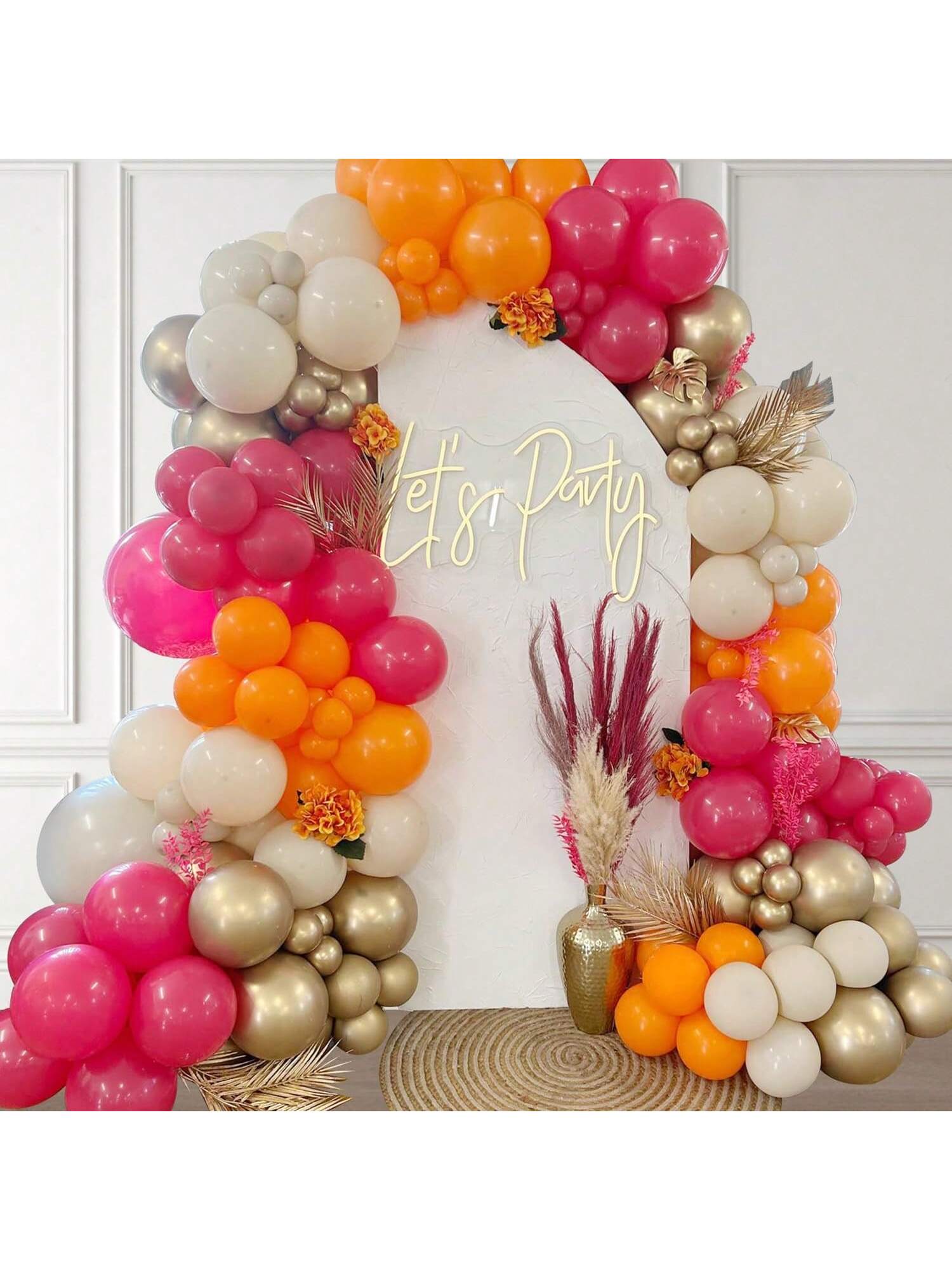 144pcs Hot Pink Orange Balloon Garland Kit with Pastel & Metallic Balloons for Parties