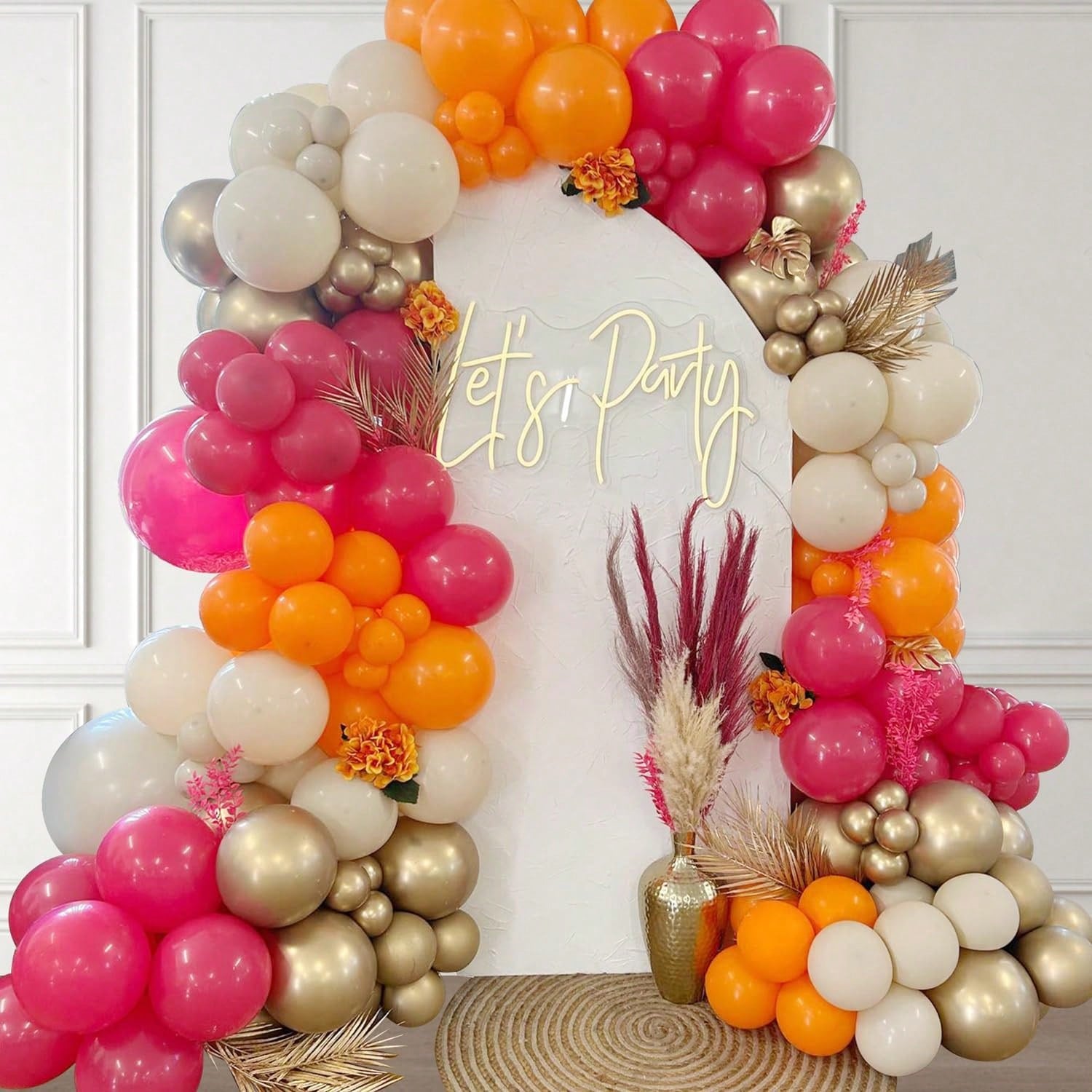144pcs Hot Pink Orange Balloon Garland Kit with Pastel & Metallic Balloons for Parties