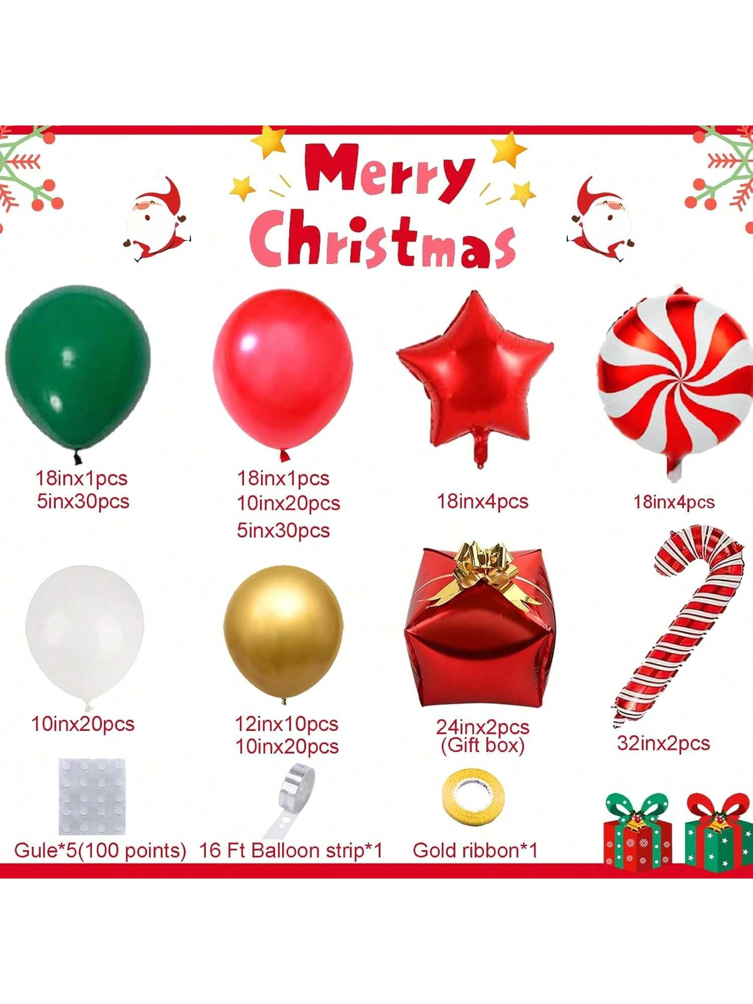 151PCS Christmas Balloon Garland Kit with Red, White, Gold & Green Balloons