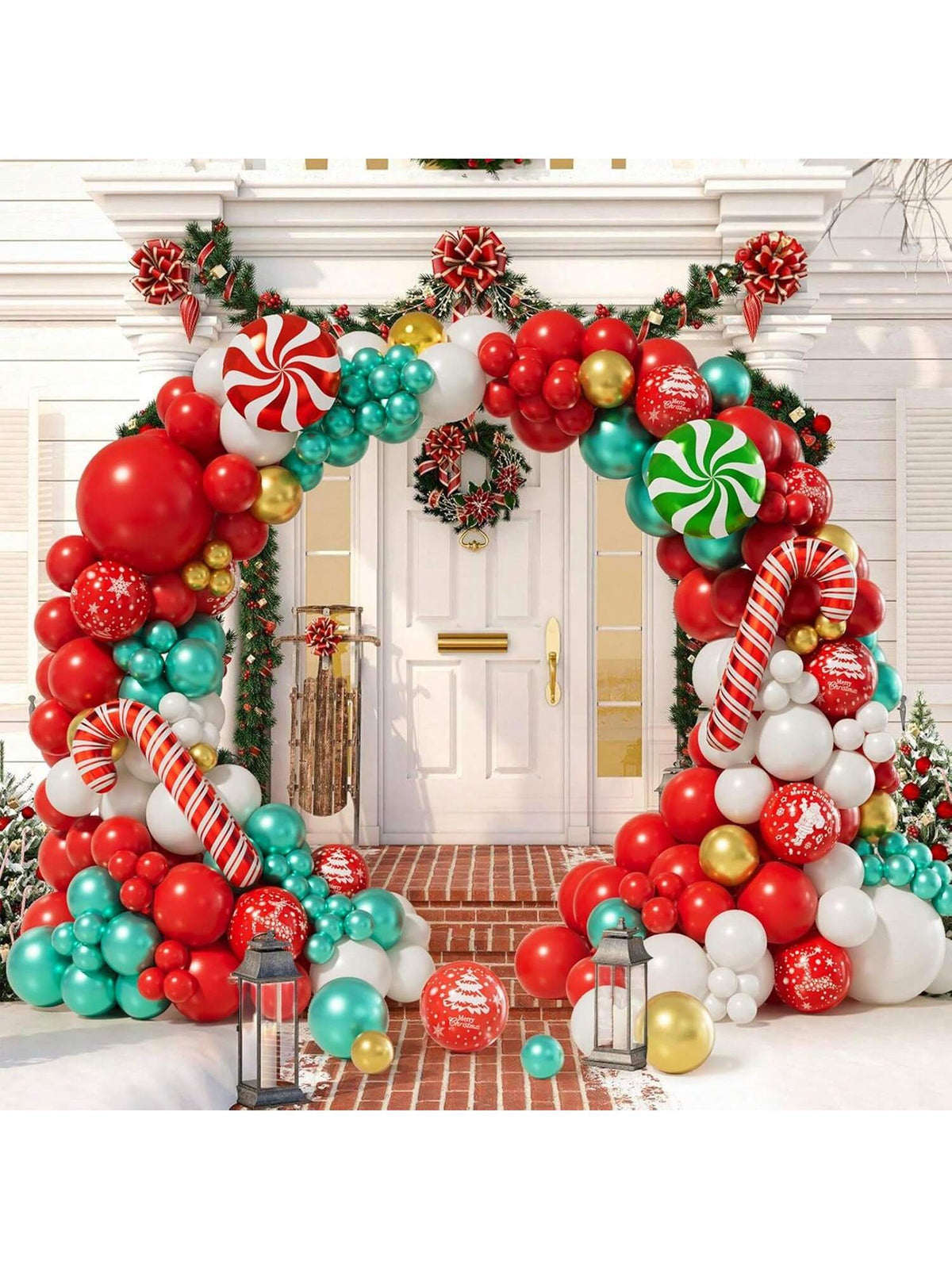 153-Pc Christmas Balloon Garland Kit Red White Gold Candy and Snowflake Balloons