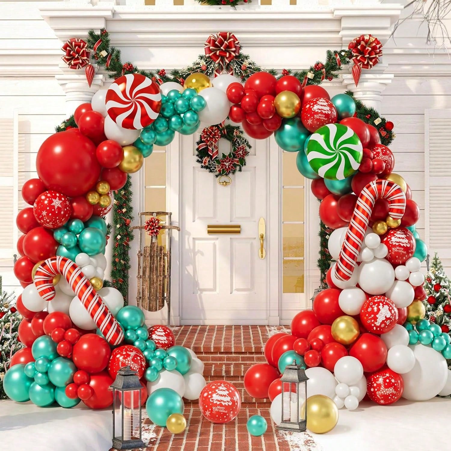 153-Pc Christmas Balloon Garland Kit Red White Gold Candy and Snowflake Balloons
