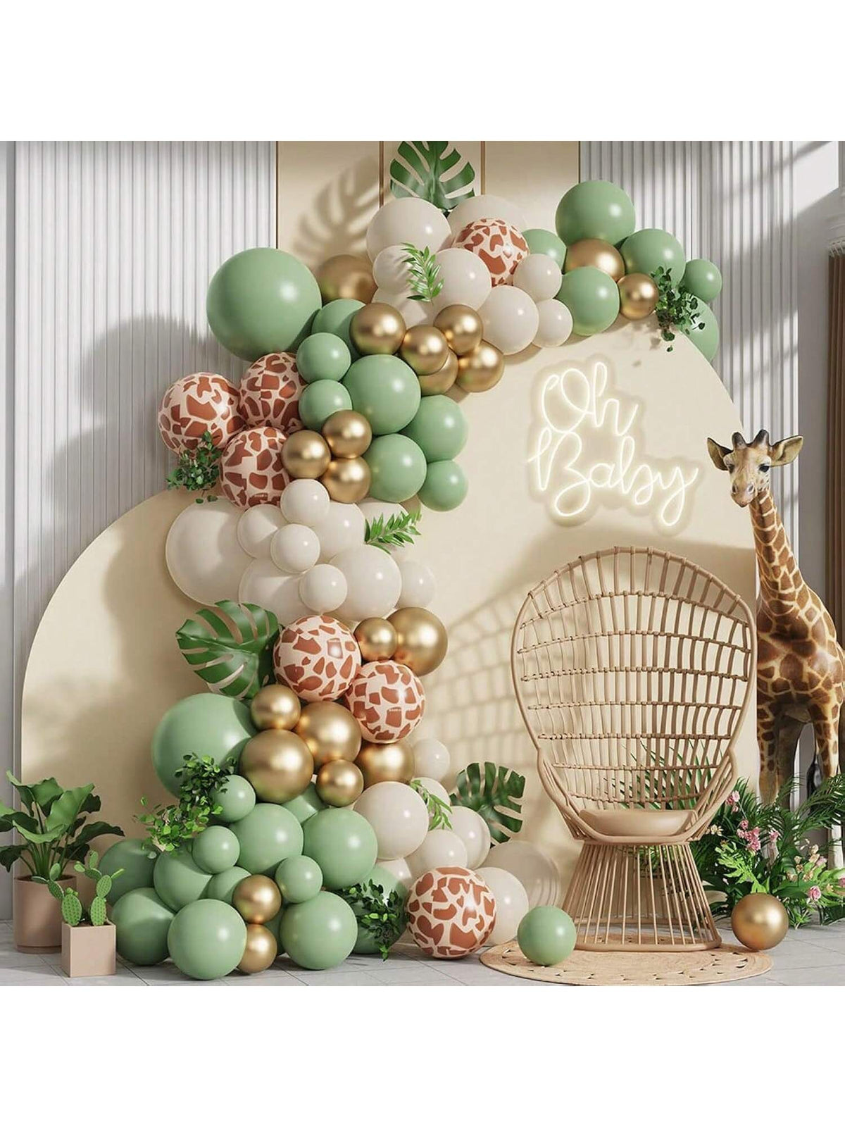 Jungle Balloon Garland Arch Kit 135pcs Sage Green White Giraffe Print for Party