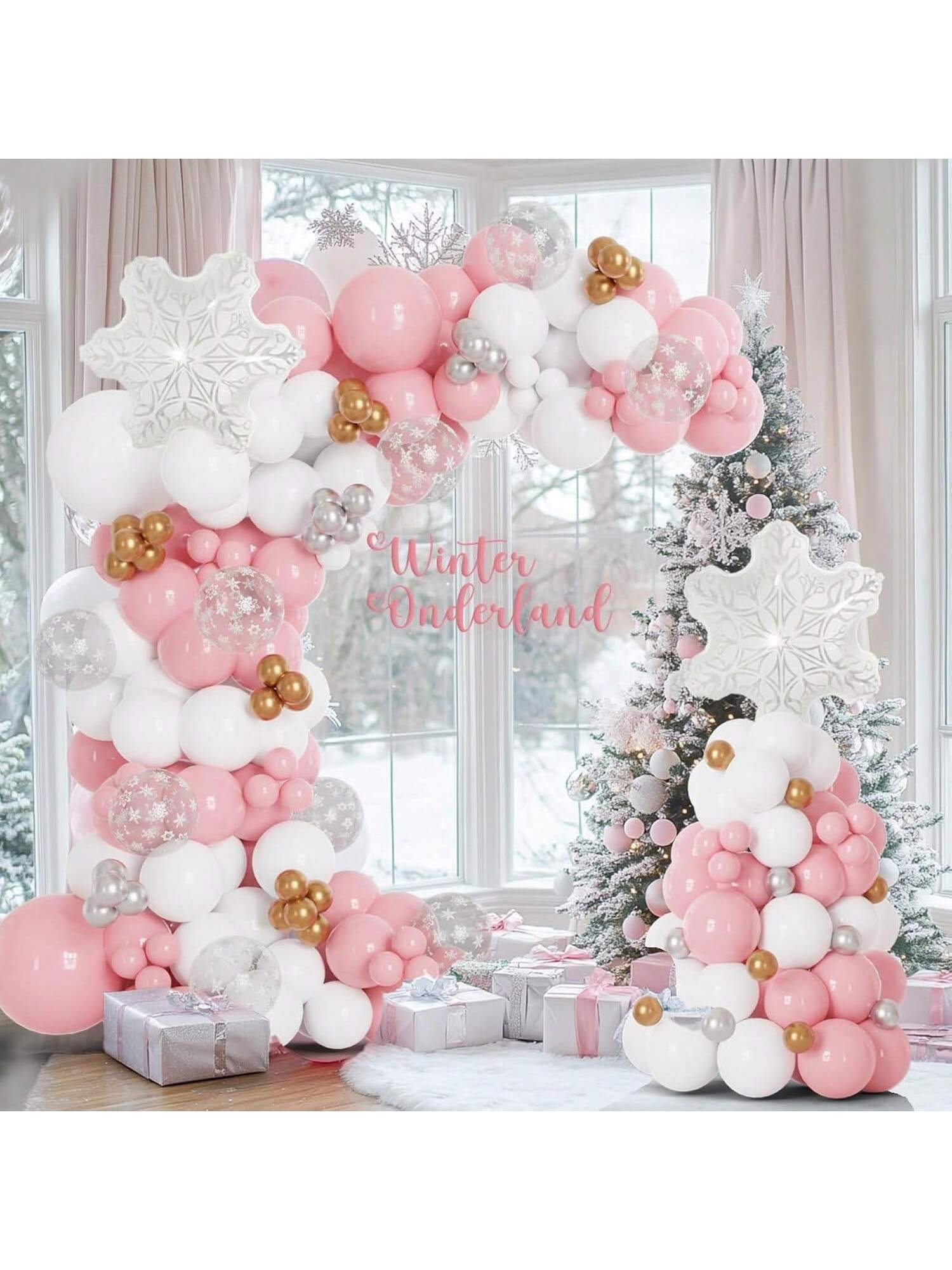 Pink White Winter Wonderland Balloon Arch 137 pcs Snowflake Balloons Decor