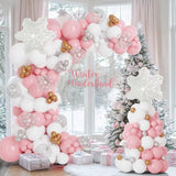 Pink White Winter Wonderland Balloon Arch 137 pcs Snowflake Balloons Decor