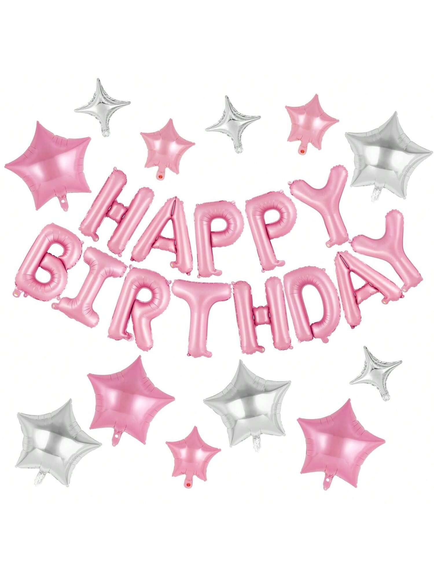 Pink Happy Birthday Banner 16 Inch with 12 Pc Star Foil Balloons for Party