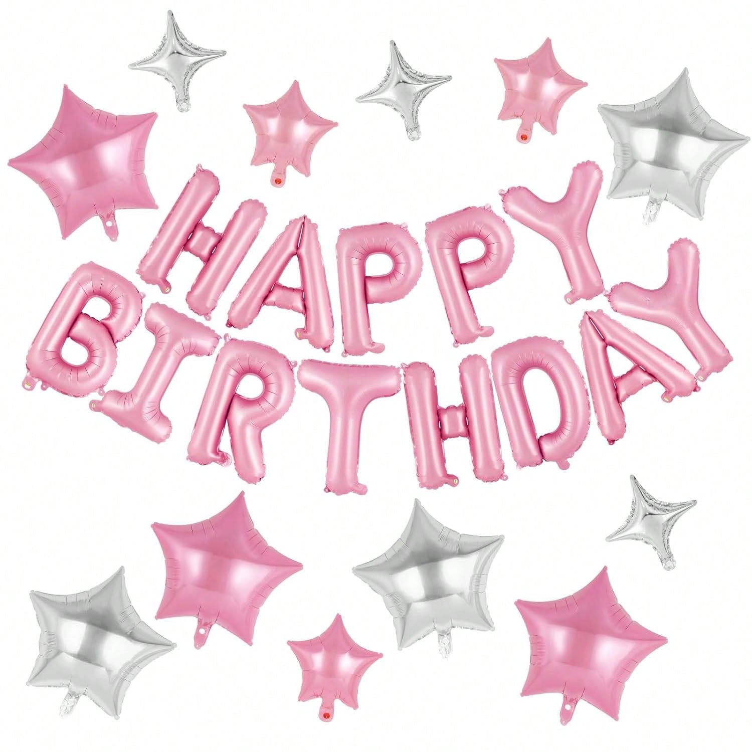 Pink Happy Birthday Banner 16 Inch with 12 Pc Star Foil Balloons for Party