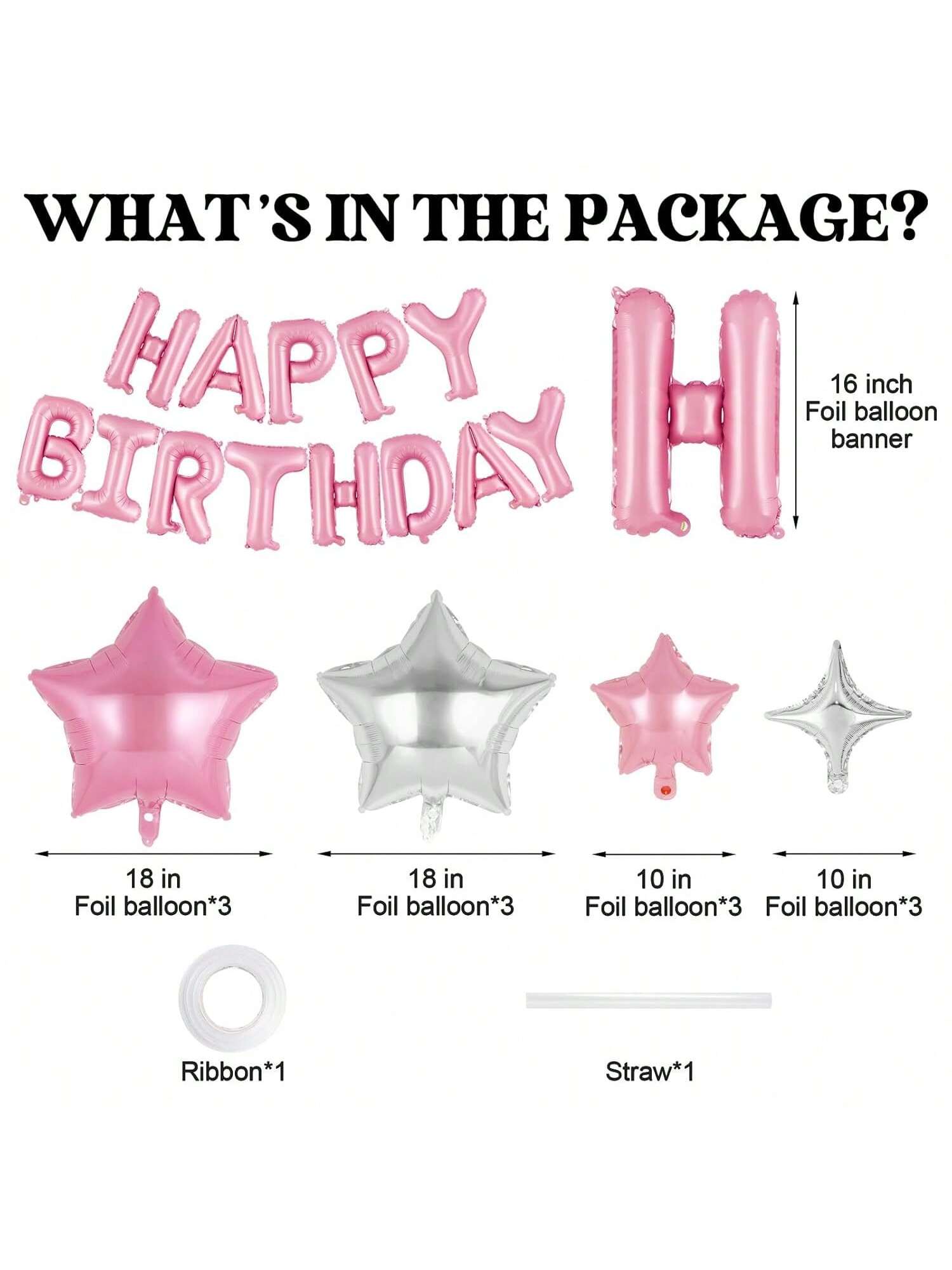Pink Happy Birthday Banner 16 Inch with 12 Pc Star Foil Balloons for Party
