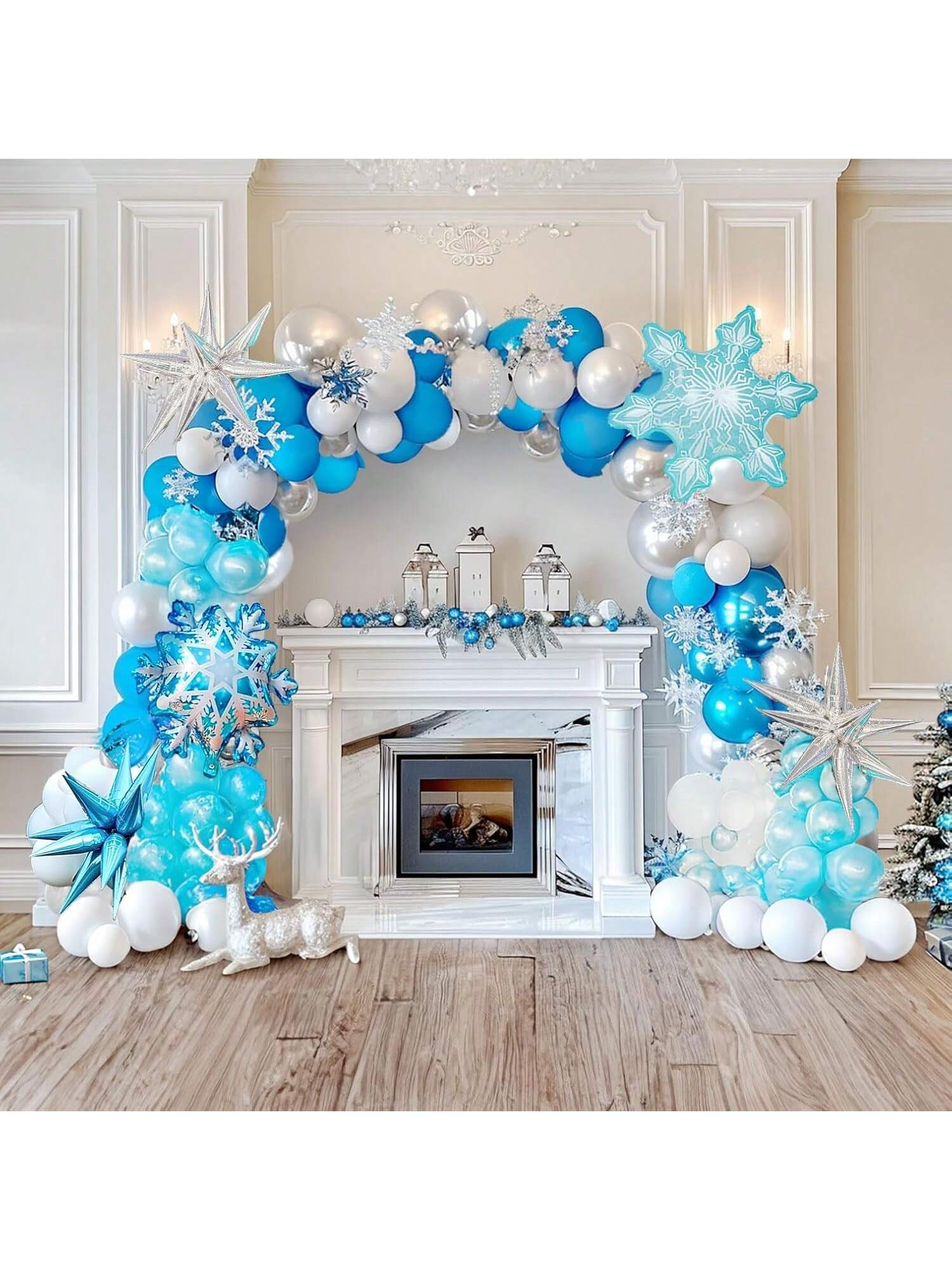 Winter Blue Silver Snowflake Balloon Garland 115 pcs with Stars