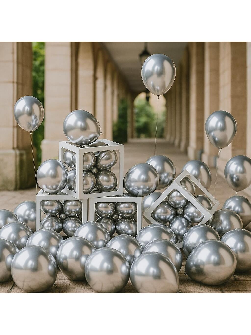 120 Pc 5 Inch Metallic Silver Latex Balloons with Ribbon for Birthday Graduation and Party