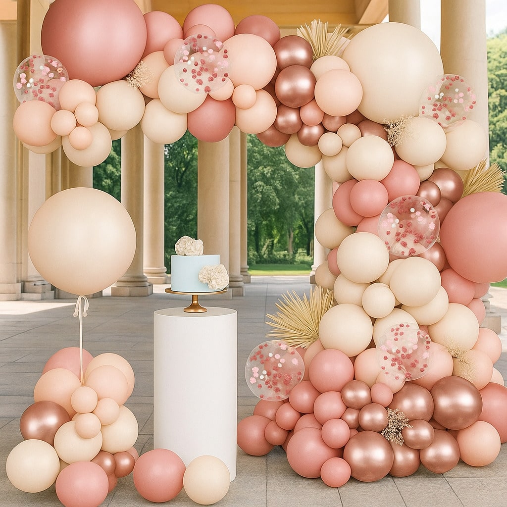 144PCS Retro Pink Rose Gold White Confetti Balloons Bridal Party Decor
