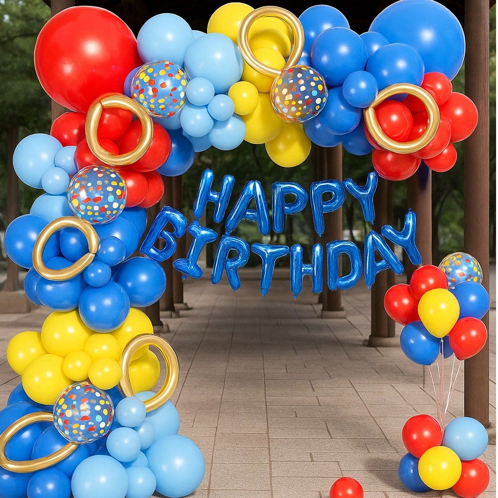 123pcs Red Yellow Blue Balloon Garland with Confetti for Birthday & Party Decor