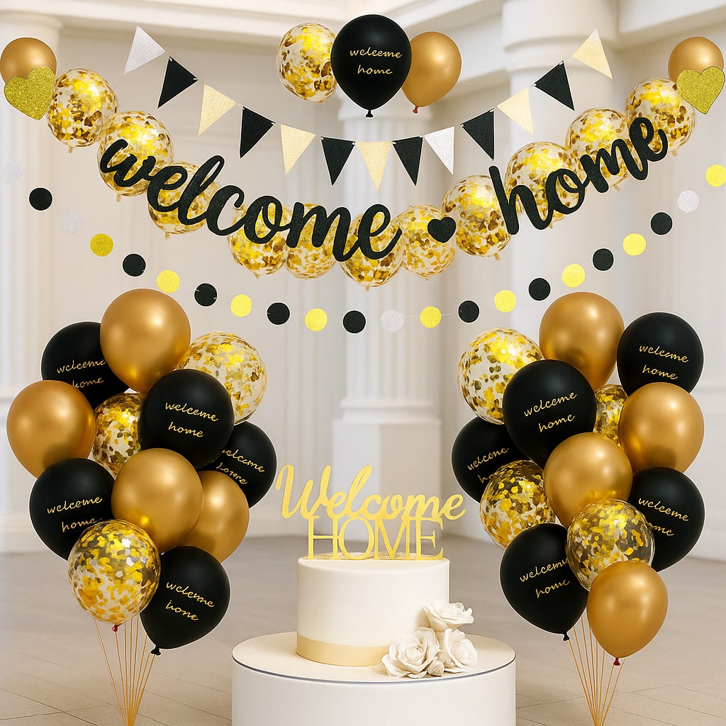 Welcome Home Banner and Cake Topper Gold Black Garland and Balloons for Parties