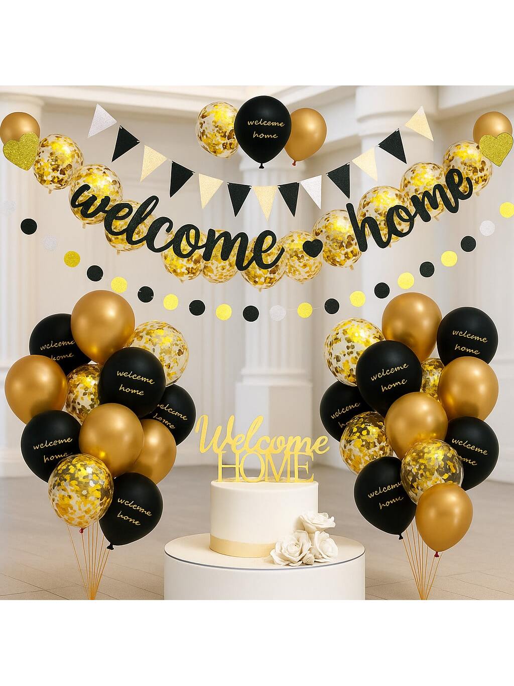Welcome Home Banner and Cake Topper Gold Black Garland and Balloons for Parties