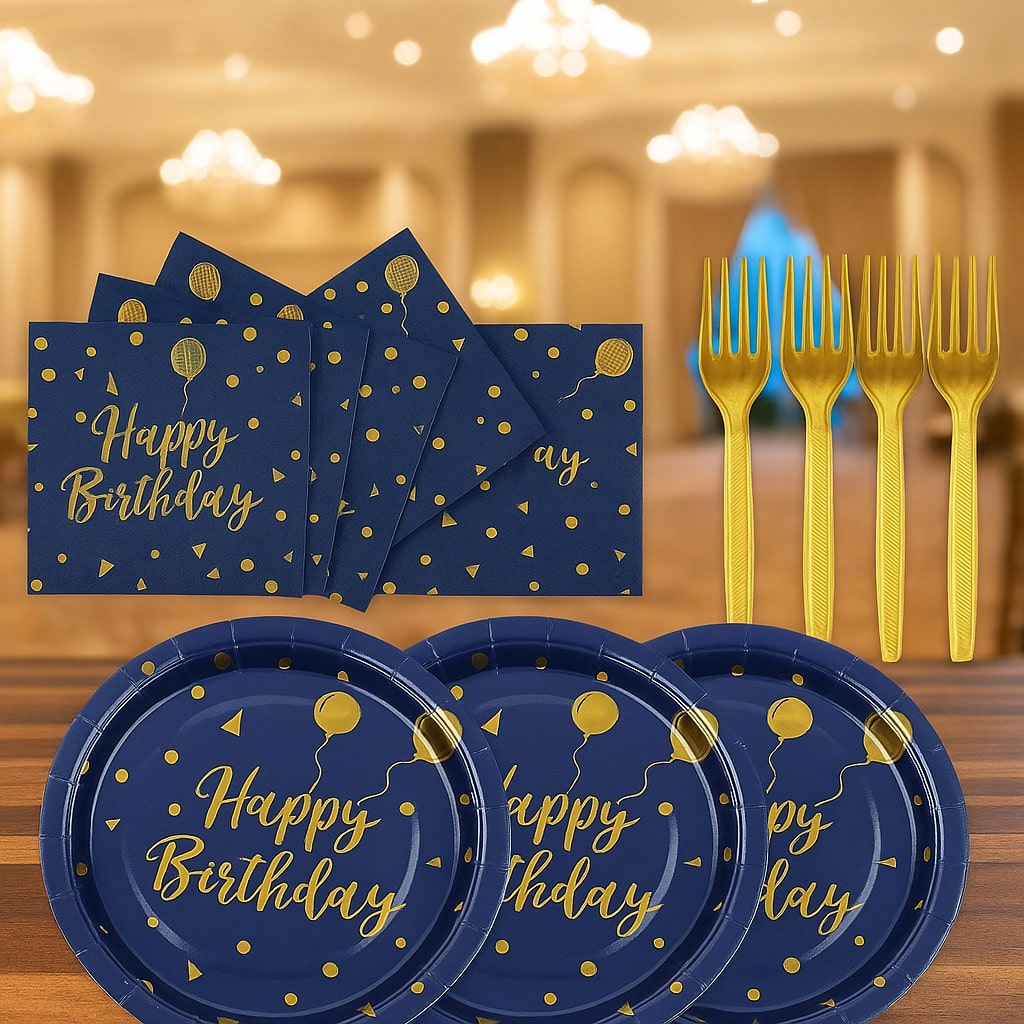 75-Piece Dark Blue and Gold Dot Birthday Tableware Set Plates Napkins Forks