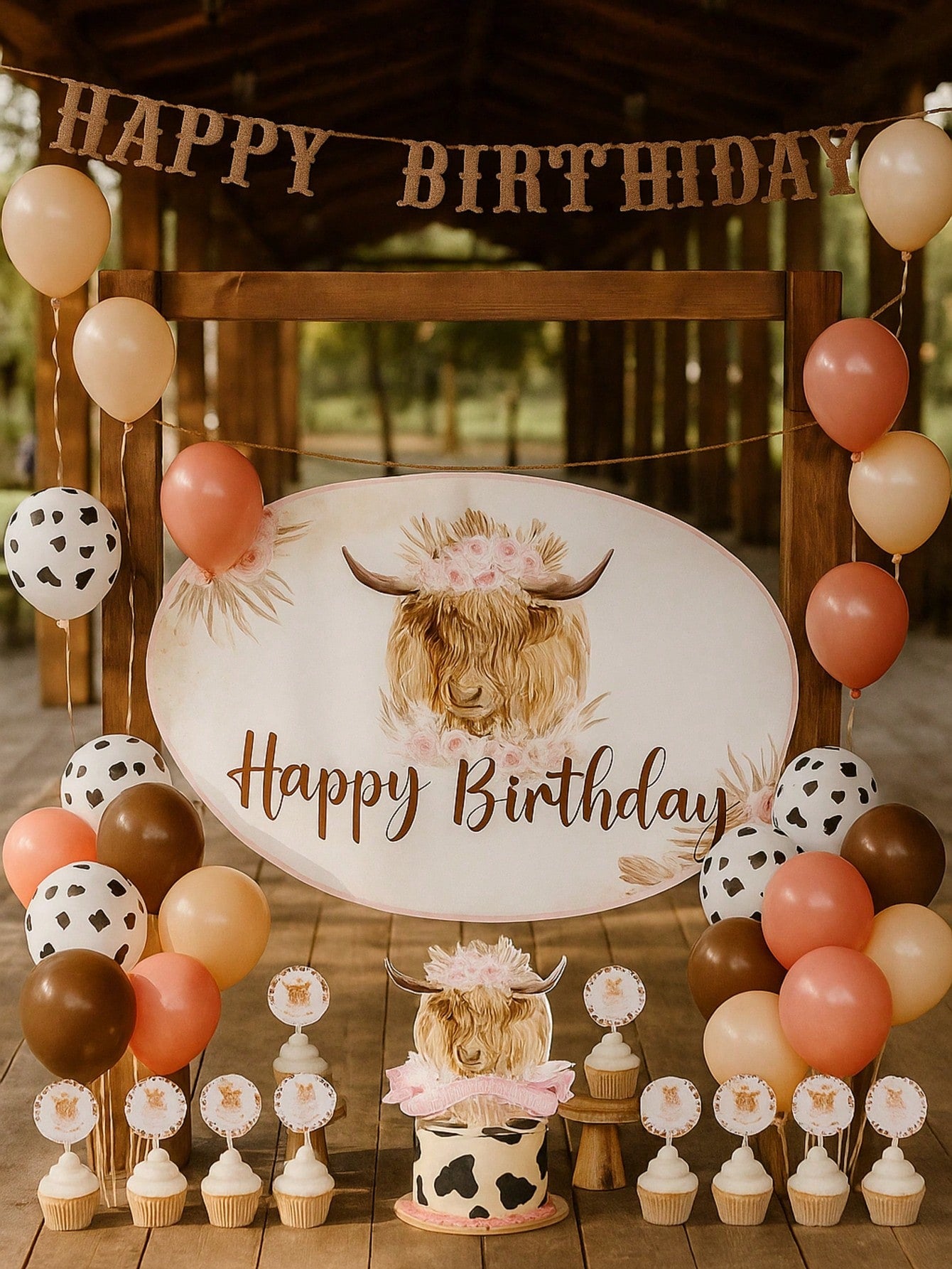 Boho Highland Cow Birthday Decorations Pink Brown Balloons Banner and Backdrop