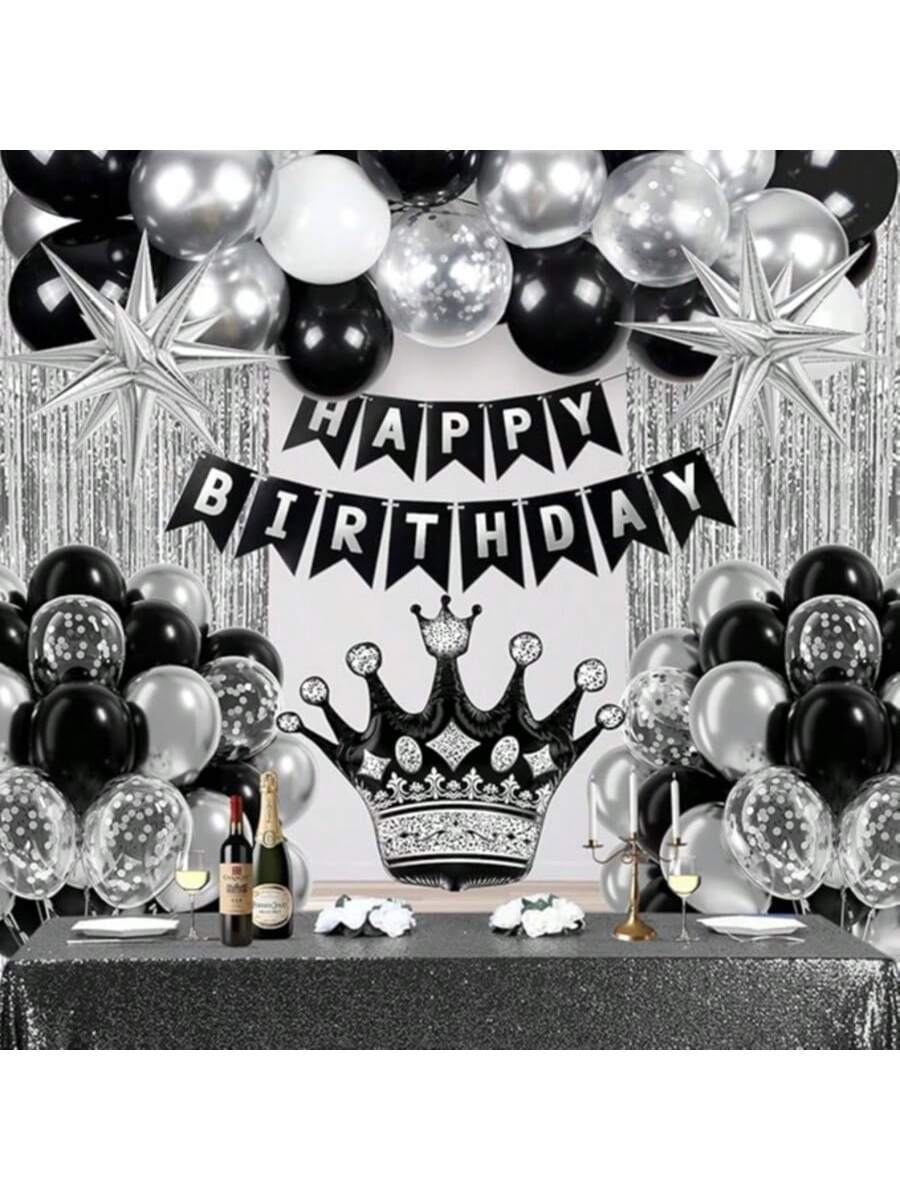 Black Birthday Decorations for Men with Balloons, Banner, and Silver Fringe Curtains