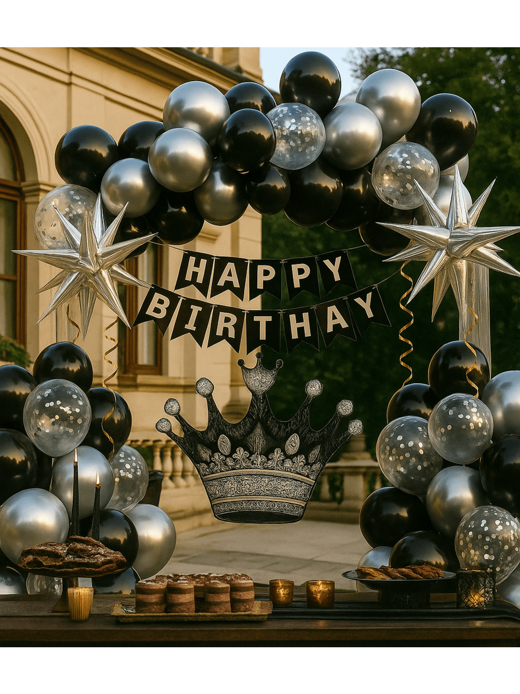 Black Birthday Decorations for Men with Balloons, Banner, and Silver Fringe Curtains